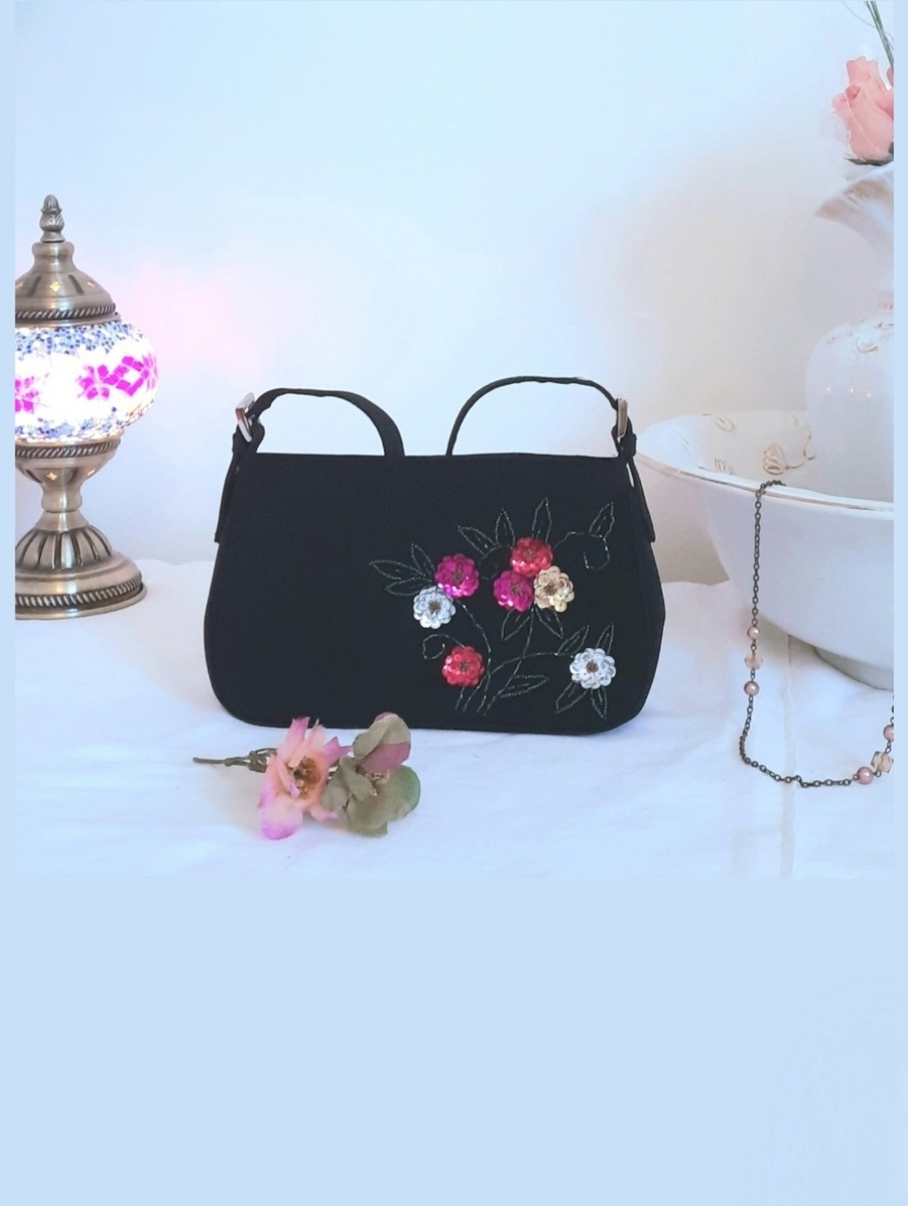 Embroidered Black Floral Shoulder Bag